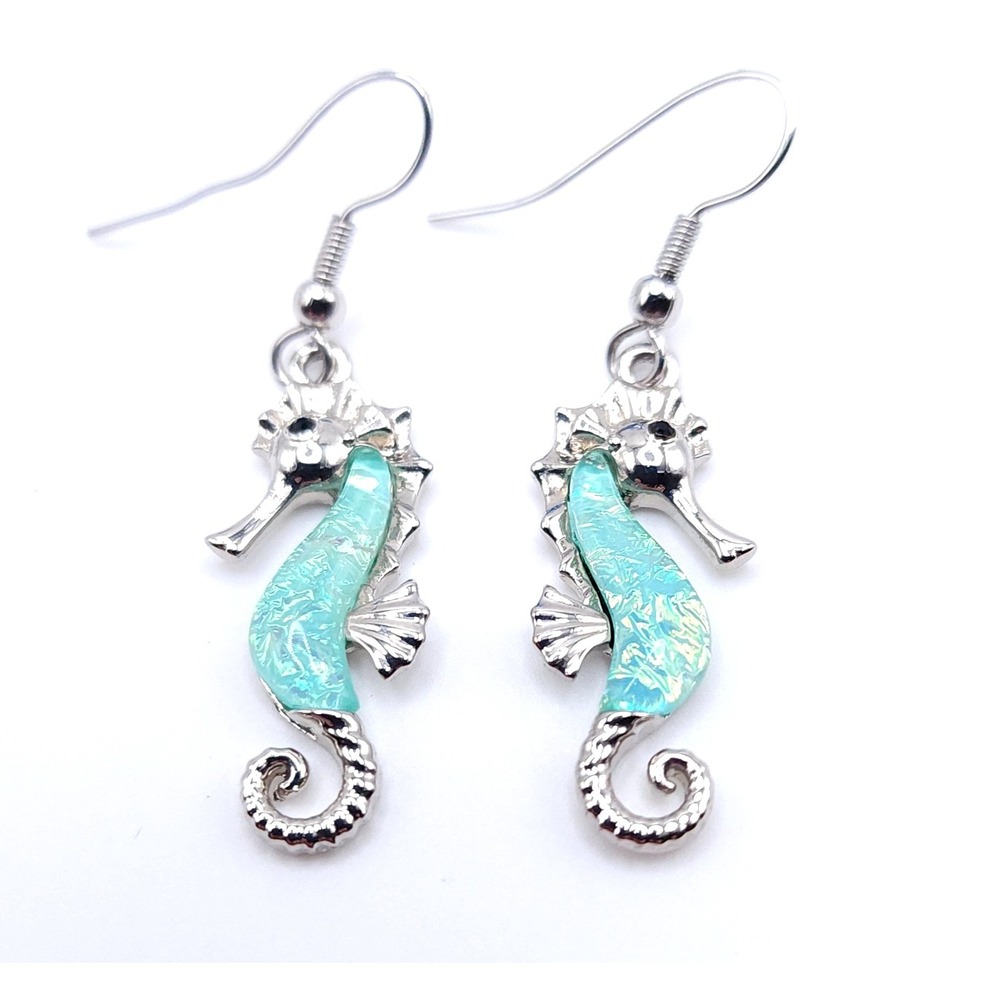 Praymos Seahorse Dangle Earrings Aqua Enamel Silver Tone Nautical Drop Pair - Picture 2 of 5